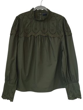 Gap Eyelet Mock Neck Blouse Large Olive Green Embroidered Cotton Boho Top